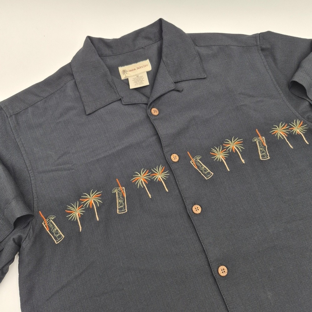 Havana Jacks Cafe Mens Medium Black Embroidered Palm Tree Tiki Camp Shirt Rayon